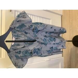 Rebecca Taylor Silk Floral Blouse Grey Blue Short Sleeve Pleats Office Classic